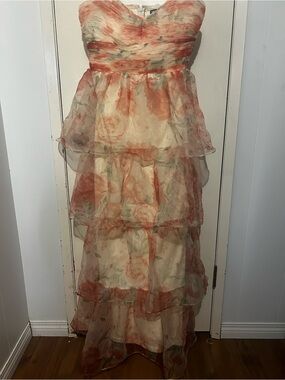 Ina Strapless Tiered Floral Gown in Peach and Cream